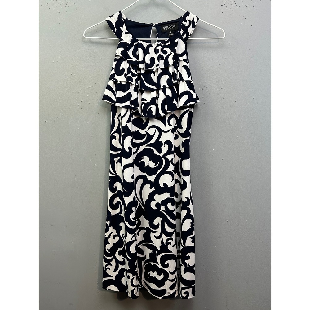 Enfocus Petite Dress Women 4P Blue White Scroll Ruffle Halter Sheath Short